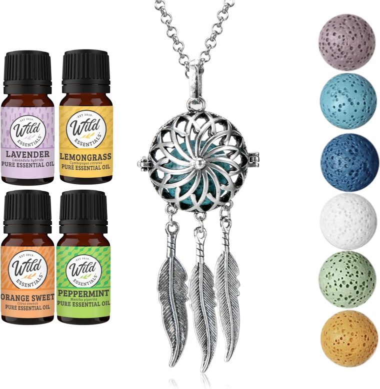 Wild Essentials Dream Catcher Necklace Essential Oil Diffuser Kit With Lavender, Lemongrass, Peppermint, Orange Oils, 6 Lava Stones, Calming Aromatherapy Gift Set, Customizable Color Changing, Perfume