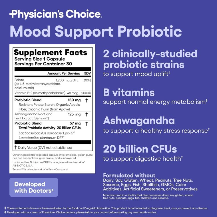 Physician's CHOICE Mood Support Probiotic - Supports a Balanced Mood, Healthy Stress Response & Digestive Health with Prebiotics, Ashwagandha, Vitamin B12, Folate - for Men & Women - 30ct - Image 6