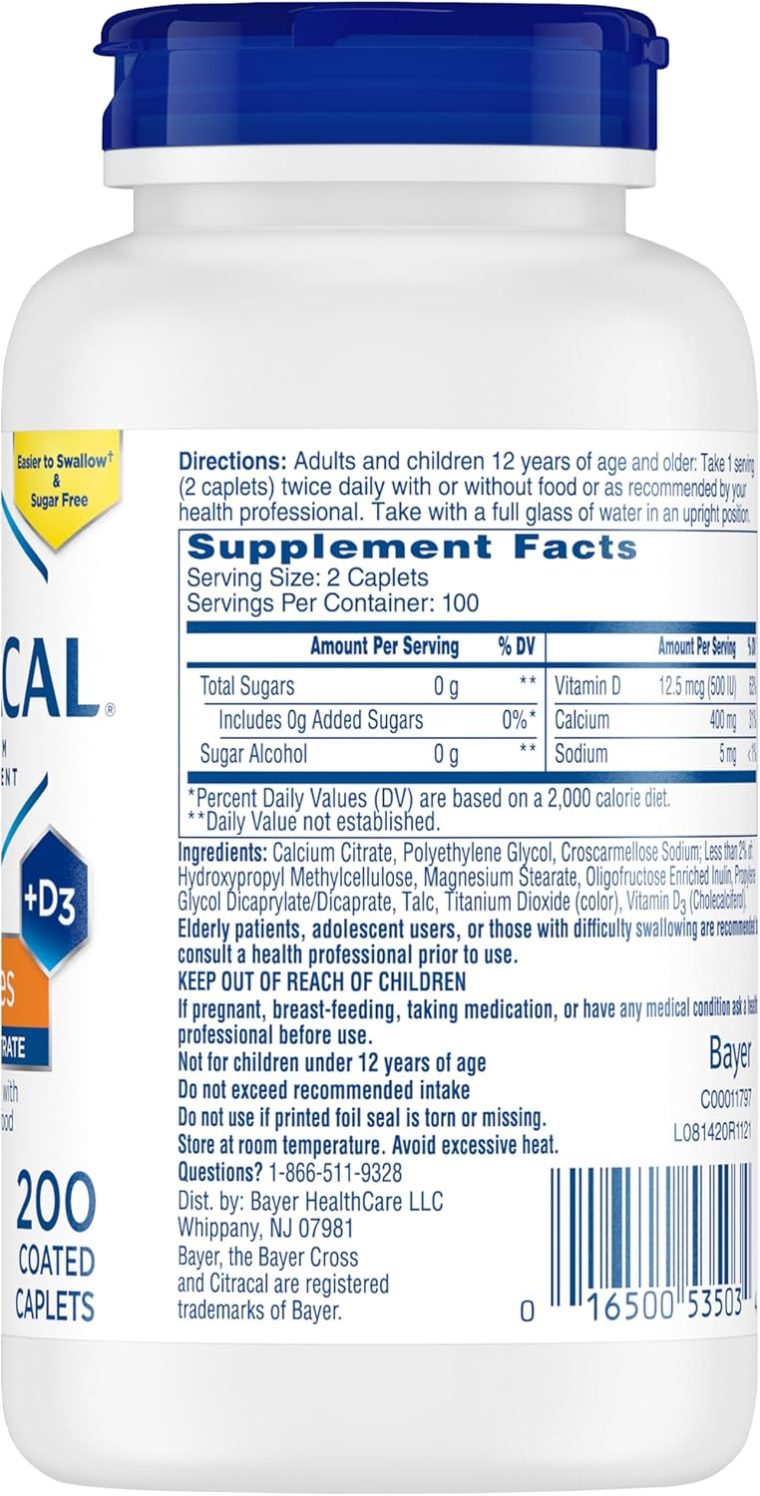 Citracal Petites, 400 mg Calcium Citrate, Easily Absorbed and Highly Soluble with 12.5 mcg (500 IU) Vitamin D3, Bone Health Support for Ages 12+, Smaller and Easier to Swallow Caplets, 200 Count - Image 6