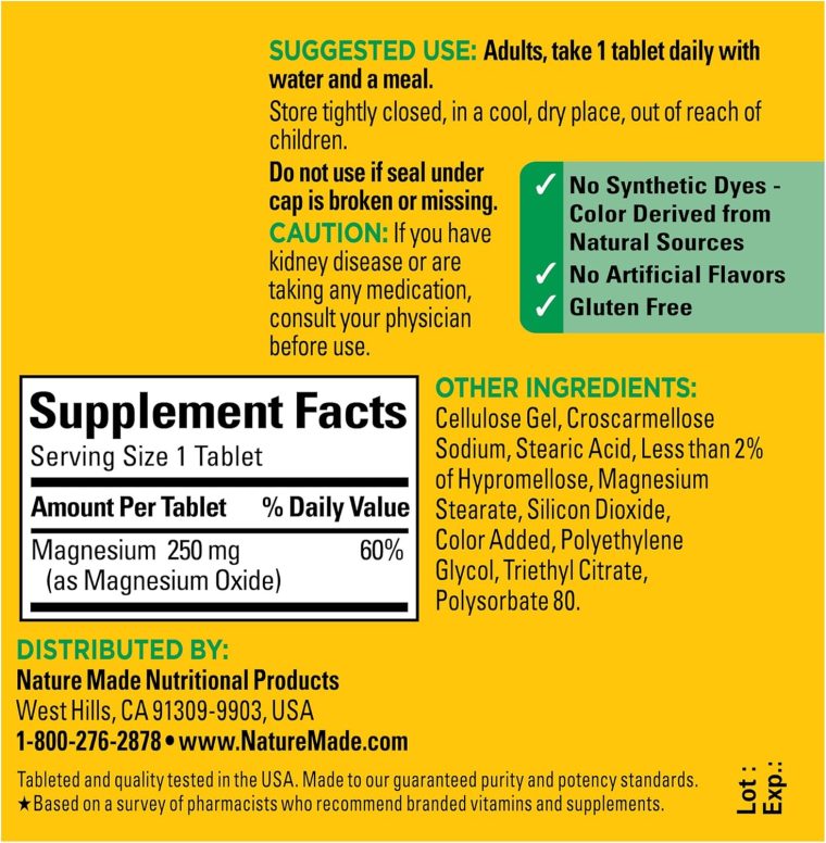 Nature Made Magnesium Oxide 250 mg, Magnesium Supplement for Muscle, Heart, Bone and Nerve Health Support, 100 Tablets, 100 Day Supply - Image 5