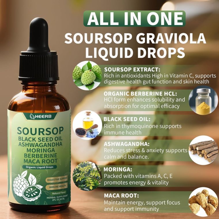 Soursop Bitters Liquid Drops with Black Seed Oil Ashwagandha Moringa Maca Root Organic Soursop Graviola Liquid Drop for Digestion Immune Health Liver Cell Support Antioxidant, 2 Fl Oz 60ML - Image 2
