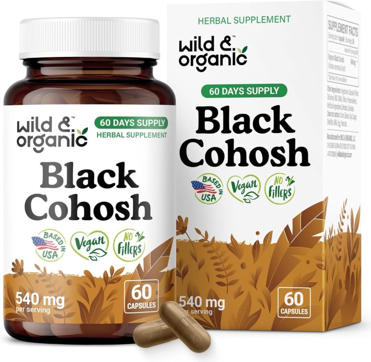 Wild & Organic Black Cohosh for Women Capsules 540 mg - Natural Support - Black Cohosh Root Supplement - Actaea Racemosa Herb - 60 Days of Supply - Vegan, No Fillers, Non-GMO - 60 Count