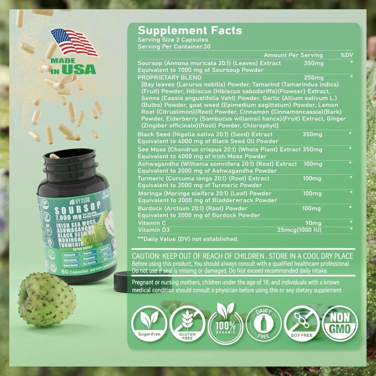 Soursop Graviola Supplement with Sea Moss, Moringa, Turmeric, Black Seed Oil, Oregano, Ashwagandha | 20-in-One Herbal extracts for Overall Health-Enhancing | Vegan, Non-GMO | 60 Capsules - Image 5