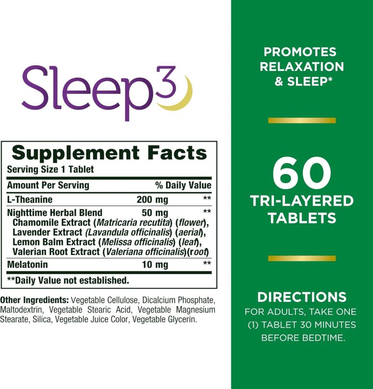 Nature's Bounty Sleep3 Melatonin 10mg, Maximum Strength 100% Drug Free Sleep Aid, Dietary Supplement, L-Theanine & Nighttime Herbal Blend Time Release Technology, 60 Tri-Layered Tablets - Image 2