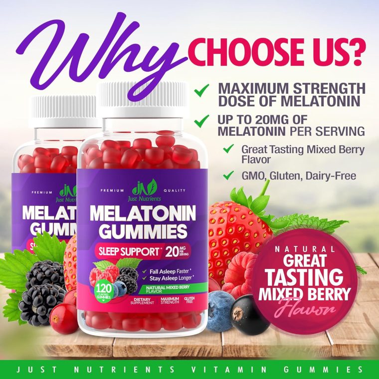 Melatonin 20mg Gummies for Adults (120 Count) - Maximum Strength Sleep Aid with 10mg of Melatonin Per Gummy - Gluten-Free, Non-GMO, Vegetarian, Great Tasting Mixed Berry Flavor - 60 Servings - Image 2