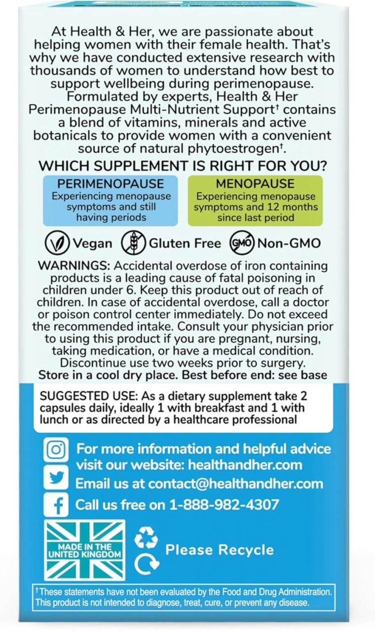 Health & Her Perimenopause Supplement for Women – The UK’s No.1 Perimenopause Supplement - Multi-Nutrient Wellbeing Support for Early Stage of Menopause, Vegan, Gluten-Free, Non GMO (60 ct - 1 Month) - Image 8