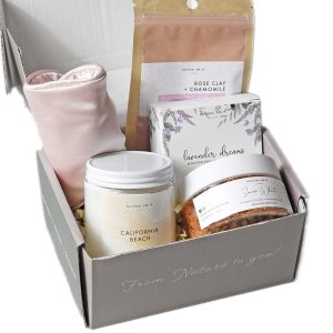 Natural Amor Spa Gift Set for Women – Handmade Lavender Soap, Rose Clay Mask, Candle, Rose Bath Salt & Sleep Mask – Relaxing Self Care Kit, Birthday Gift Box for Her