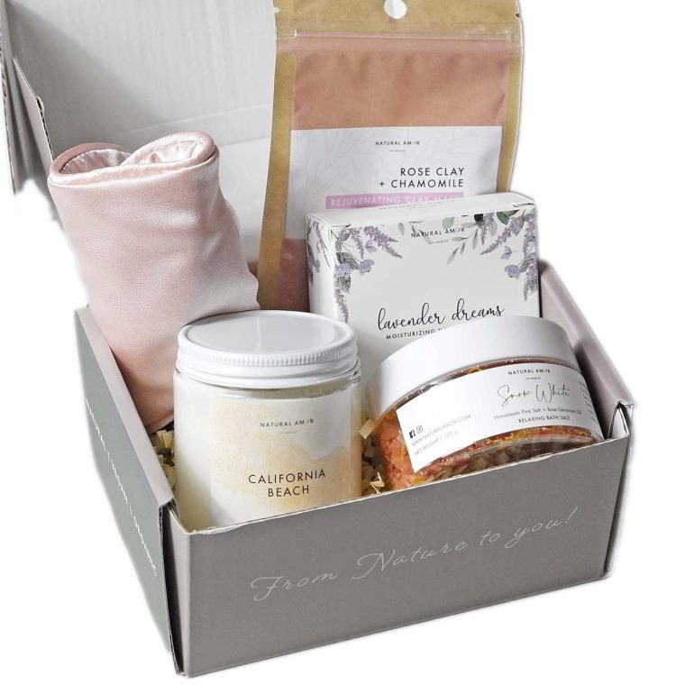 Natural Amor Spa Gift Set for Women – Handmade Lavender Soap, Rose Clay Mask, Candle, Rose Bath Salt & Sleep Mask – Relaxing Self Care Kit, Birthday Gift Box for Her