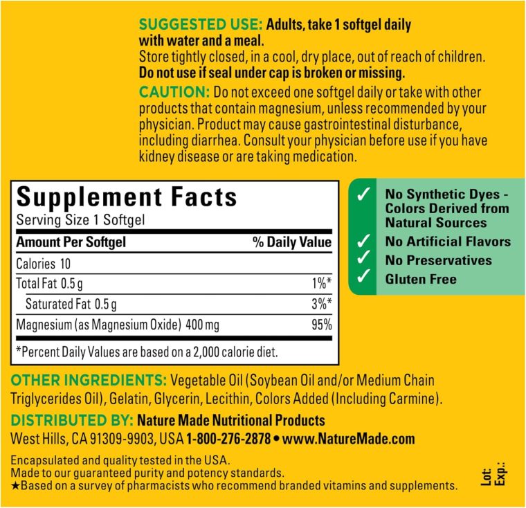 Nature Made Extra Strength Magnesium Oxide 400 mg, Magnesium Supplement for Muscle, Nerve, Bone and Heart Support, 110 Softgels, 110 Day Supply - Image 6