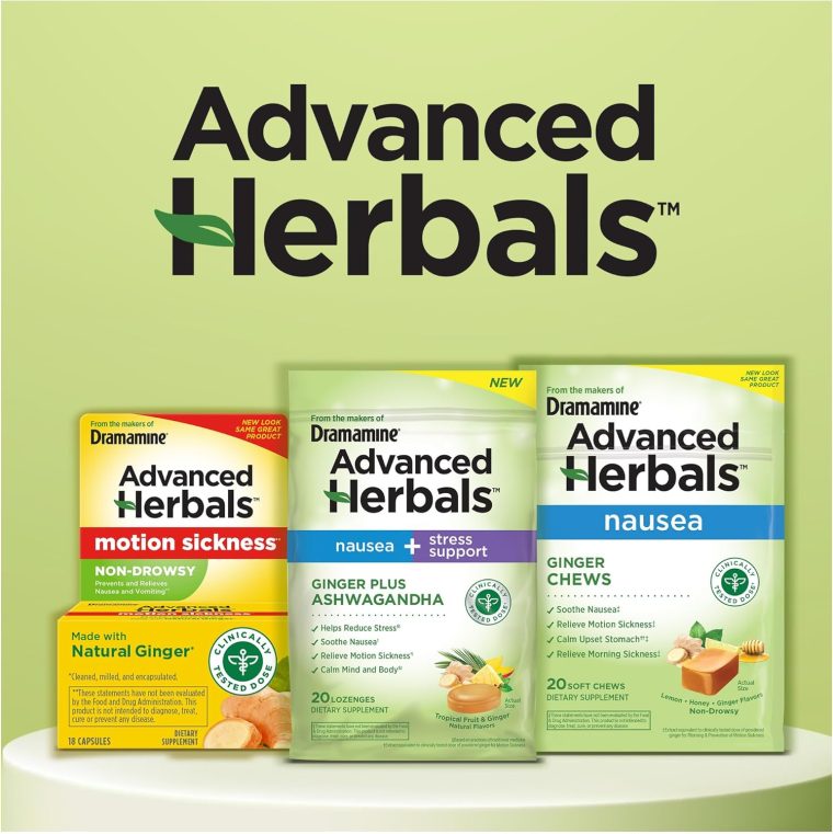 From the Makers of Dramamine, Advanced Herbals, Nausea and Stress Support with Ginger and Ashwagandha, Tropical Fruit and Ginger Flavored Lozenges, 20 Ct - Image 5