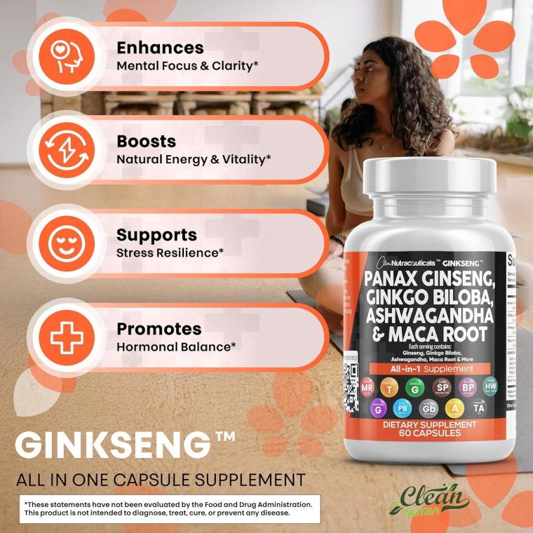 Clean Nutraceuticals Panax Ginseng Ginkgo Biloba Ashwagandha Maca Root - Focus Supplement Pills for Women and Men with Pine Bark Extract, Garlic, and Saw Palmetto - 60 Caps - Image 5
