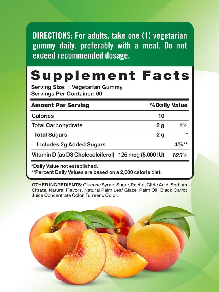 Nature's Truth Vitamin D3 Gummies | 5000 IU | 60 Count | Peach Flavor | Vegetarian, Non-GMO & Gluten Free Supplement - Image 2
