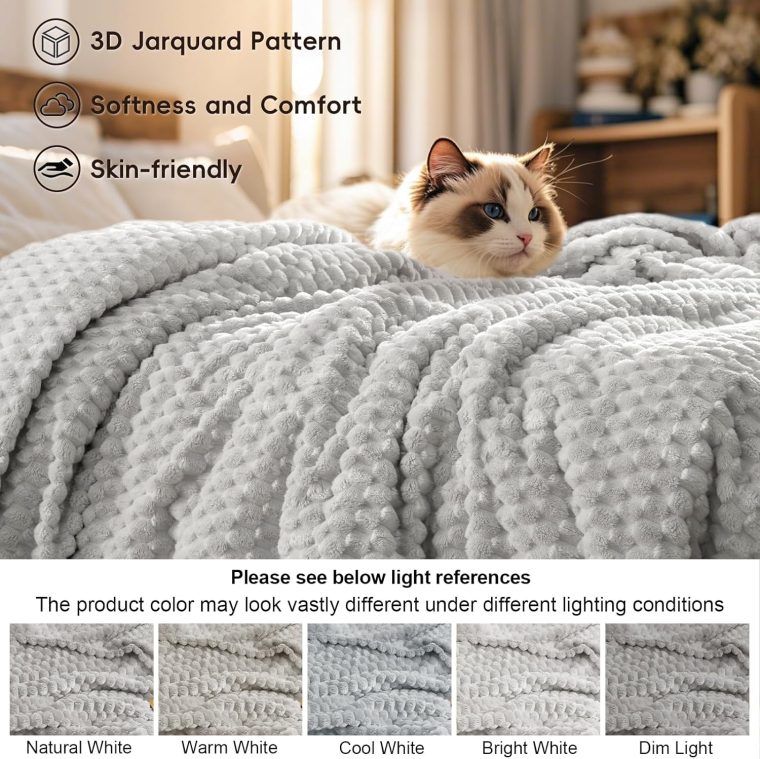 PHF Ultra Soft Flannel Fleece Blanket Queen Size, Lightweight 3D Jacquard Fleece Blanket, No Shedding, No Pilling, Luxury 340GSM Aesthetic Fluffy Cozy for Bed Room Decor, 90"x90", Light Grey - Image 4