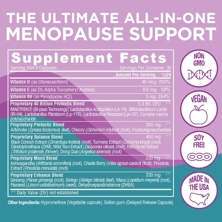 Clear Ultimate Menopause Support for Women - Herbal, Vitamin & Probiotic Blend for Hot Flashes, Night Sweats, Vaginal Dryness & Hormone Balance - Black Cohosh, Maca, DIM, Vitex, Dong Quai - 60 Caps - Image 4