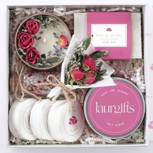 Rose & Jasmine Spa Gift Baskets for Women – Scented Self Care Shower Essential - Elegant Kit for Mom, Wife, Sister, Friend - Body Bath Set - Aromatic Box for Occasions - Home Spa-Inspired