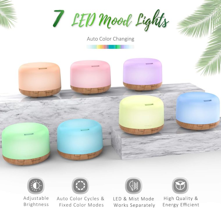 ASAKUKI Oil Diffuser with Essential Oils Set, 500ml Aromatherapy Humidifier with 14 LED Colors & Auto Shut-Off - 6 Oil Gift Pack(Lavender Eucalyptus Tea Tree Orange Peppermint Lemongrass) - Image 3