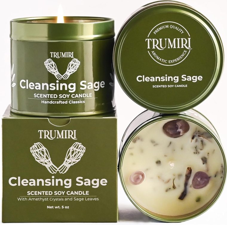 Sage Candle for Cleansing House Negative Energy Smudge Kit - 5oz Soy Wax Natural Clean Organic Non Toxic - Aromatherapy Spiritual Meditation Gifts - Long Lasting Highly Scented Candel with Crystals