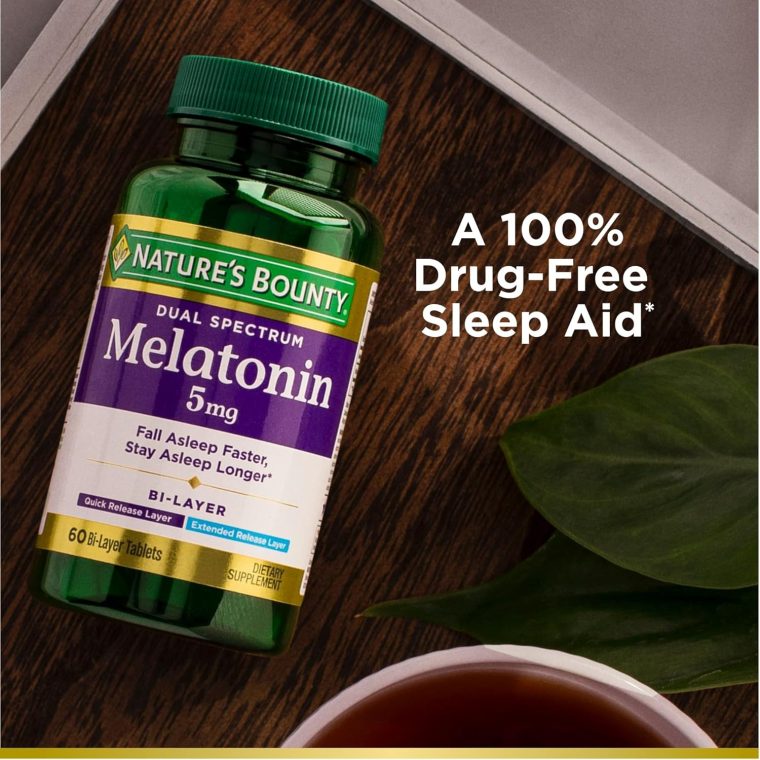 Nature's Bounty Melatonin 5mg Dual Spectrum, 100% Drug Free Sleep Supplement, Quick Release and Extended Release, Promotes Relaxation and Sleep Health, 60 Bi-Layer Tablets - Image 4