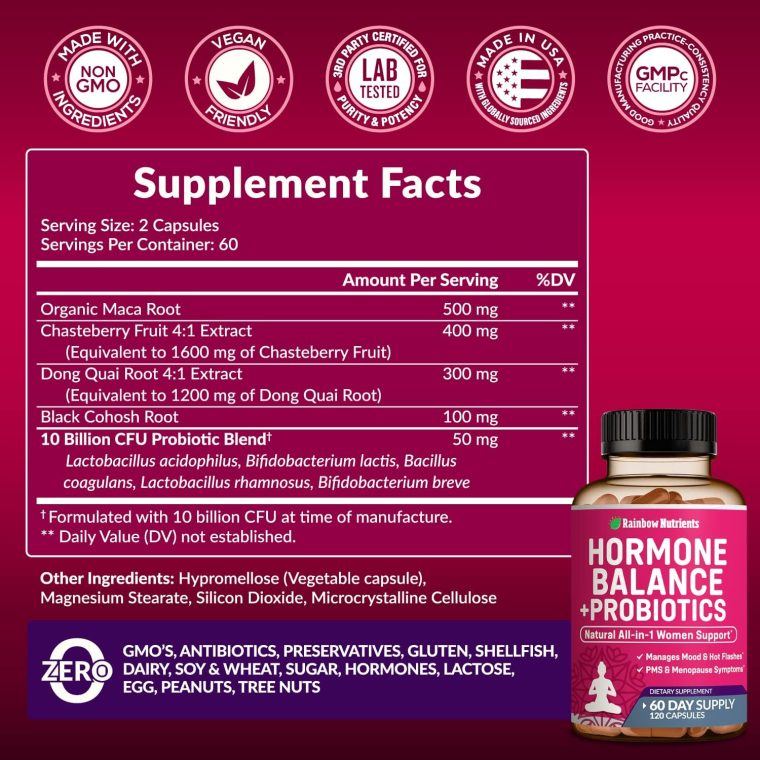 Hormone Balance + Probiotics for Women- Natural Menopause Relief, Weight Management, Bloating, Hot Flashes, PMS | Organic Maca, Chasteberry, Dong Quai & Black Cohosh | Non GMO |120 V Capsules - Image 2