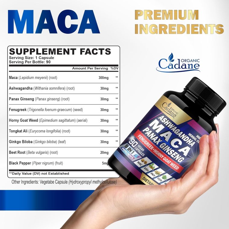 Organic Cadane Maca Root, Ashwagandha, Panax Ginseng Supplement - 90 Capsules 3 Months with Fenugreek, Tongkat Ali & More - Support for Strength, Stamina, Energy Production & Immunity - Image 2