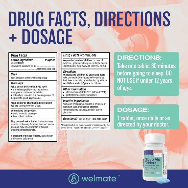 WELMATE | Nighttime Sleep Aid | Doxylamine Succinate 25 mg | for Adults & Children 12+ | 200 Tablets - Image 5