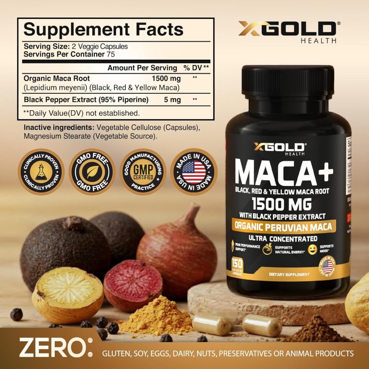 X Gold Health Organic Maca Root Powder Capsules 1500mg with Black | Red & Yellow Peruvian Maca Root Extract Gelatinized, Energy & Mood Supplement for Men & Women + Black Pepper for Best Benefits - Image 2