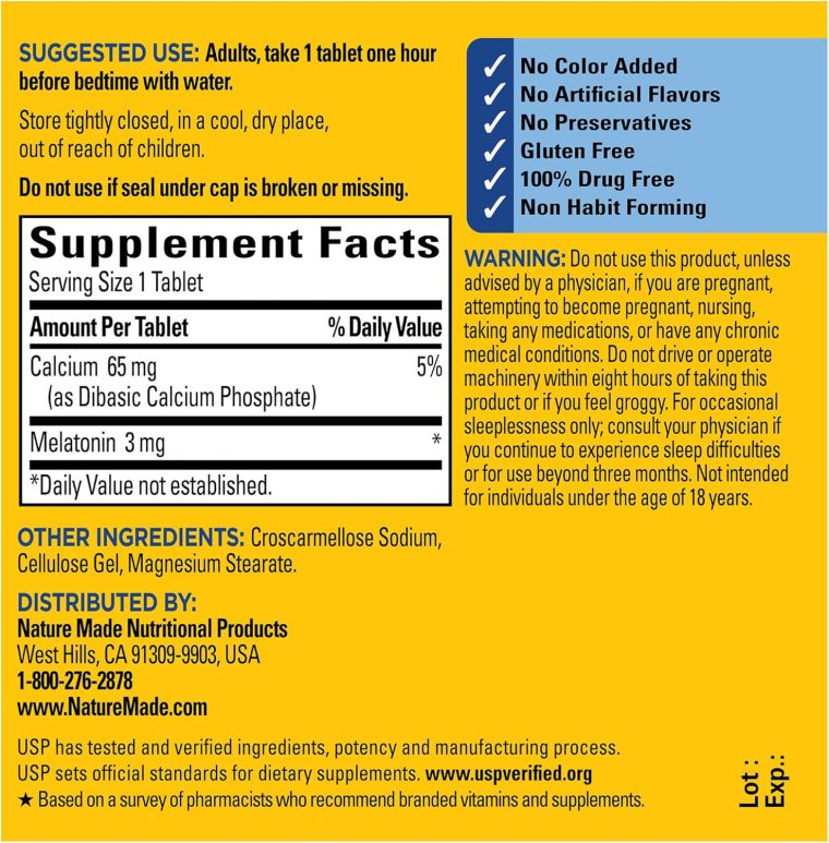 Nature Made Melatonin 3mg Sleep Aids for Adults, 100% Drug Free Sleep Aid, Sleep Supplements, 240 Tablets, 240 Day Supply - Image 5