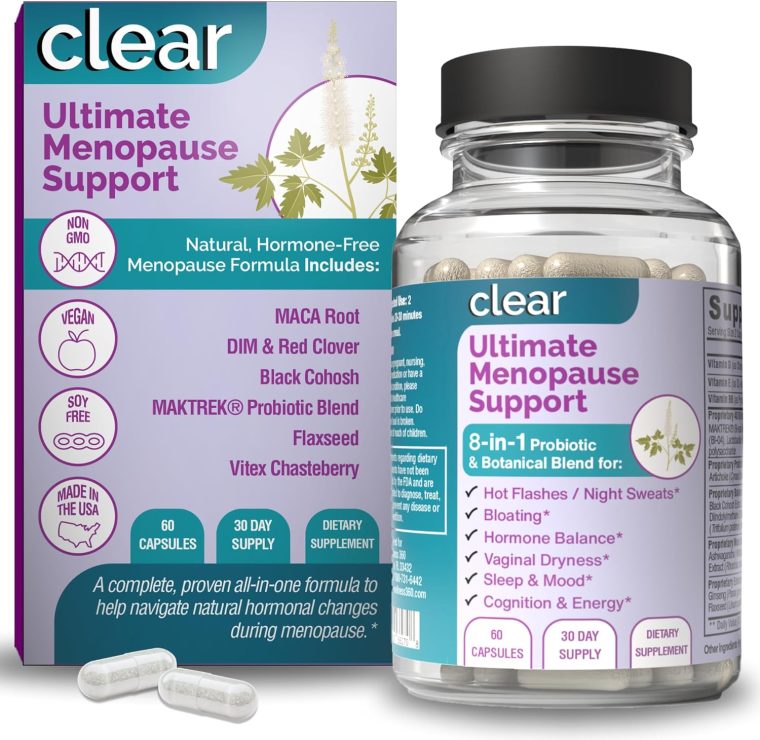 Clear Ultimate Menopause Support for Women - Herbal, Vitamin & Probiotic Blend for Hot Flashes, Night Sweats, Vaginal Dryness & Hormone Balance - Black Cohosh, Maca, DIM, Vitex, Dong Quai - 60 Caps