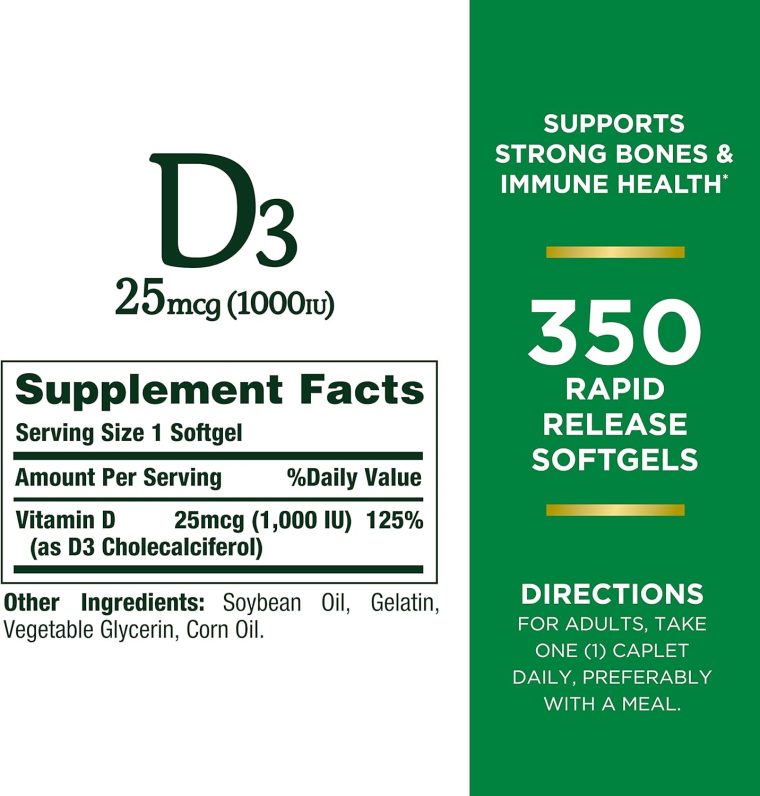 Nature's Bounty Vitamin D3 1000 IU Softgels, Immune Support, Promotes Healthy Bones, 350 Ct - Image 2