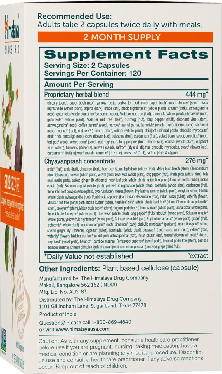 Himalaya StressCare Herbal Supplement, Supports Stress Relief, Energy Support, Relaxation, Occasional Sleeplessness, Ashwagandha, Holy Basil/Tulsi, Gotu Kola, Non-GMO, Vegetarian, 240 Capsules - Image 2