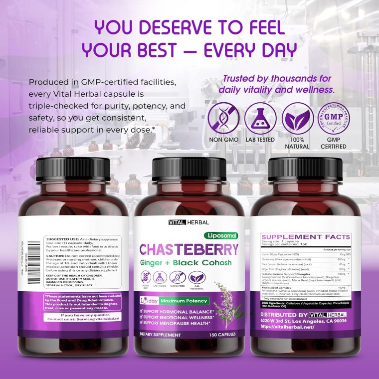 VITAL HERBAL Liposomal Chasteberry with Ginger & Black Cohosh – Supports Hormone Balance, Emotional Wellness & Menopause Health – 150 Capsules – Made in The USA - Image 9