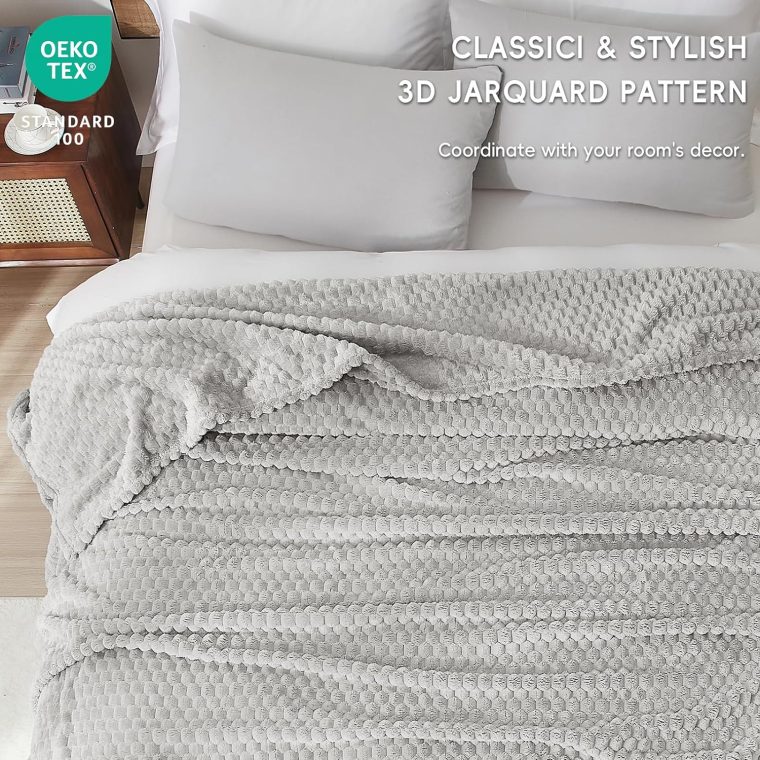 PHF Ultra Soft Flannel Fleece Blanket Queen Size, Lightweight 3D Jacquard Fleece Blanket, No Shedding, No Pilling, Luxury 340GSM Aesthetic Fluffy Cozy for Bed Room Decor, 90"x90", Light Grey - Image 6