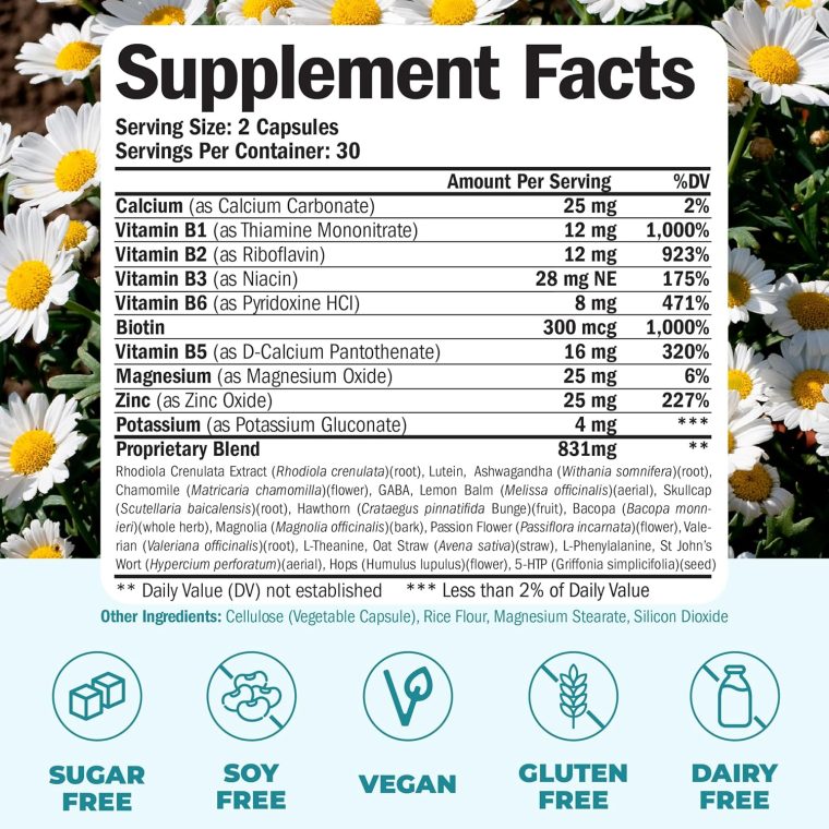 Stress Relief Supplement with 5HTP, Ashwagandha, Valerian, St John’s Wort, GABA, Chamomile & B-Vitamins - Promotes Relaxation, Sleep, Calm & Balanced Mood, Energy & Focus. Vegan, Non-GMO, 60 Capsules - Image 3
