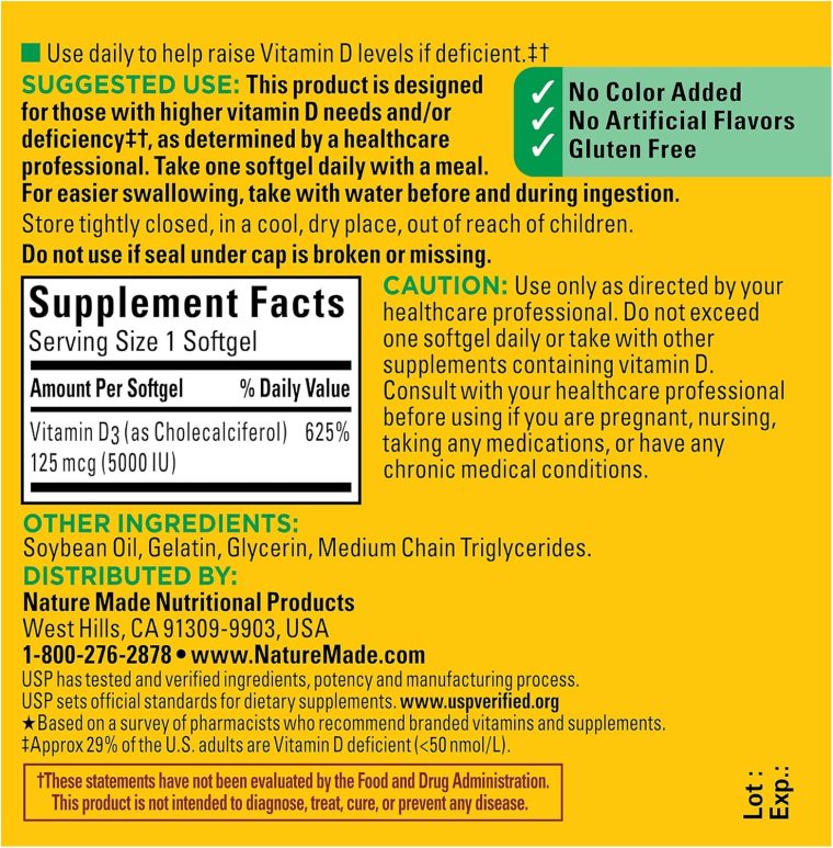 Nature Made Extra Strength Vitamin D3 5000 IU (125 mcg), Dietary Supplement for Bone, Teeth, Muscle and Immune Health Support, 180 Softgels, 180 Day Supply - Image 5