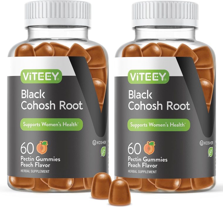 Viteey Black Cohosh for Menopause for Women - Hot Flashes and Night Sweats Relief Supplements - Black Cohosh Root - Vegan, Gelatin Free, Gluten Free, GMO Free - Tasty Chewable Peach Flavored Gummy