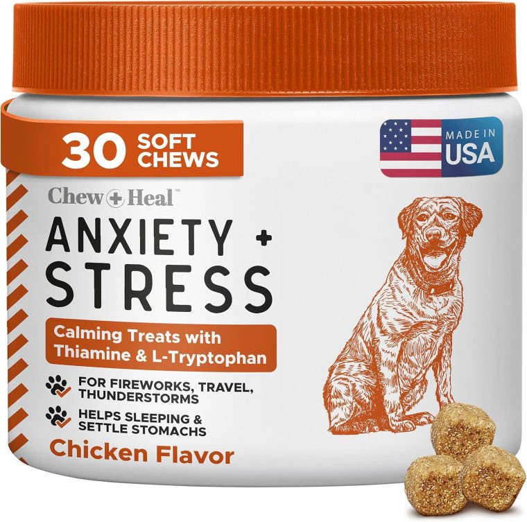 Calming Chews for Dogs - 30 Anxiety Relief Treats for Fireworks, Thunder, and Storms - Natural Dog Calming Treats for Large and Small Breeds with Thiamine, L-Tryptophan, Ginger, and Melatonin