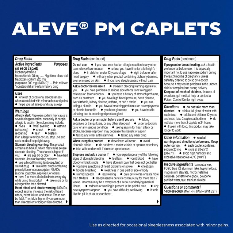 Aleve PM Sleep Aid Plus Pain Reliever Caplets, Naproxen Sodium & Diphenhydramine HCl, Nighttime, 120 Count - Image 6