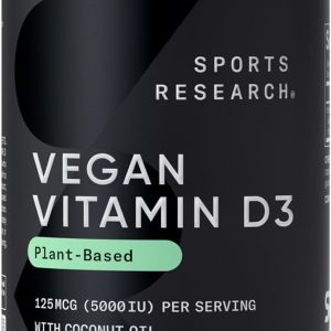 Sports Research Vegan Vitamin D3 5000IU (125 mcg) with Coconut Oil | 100% Plant-Based Vitamin D for Bone, Joint & Immune Support | Carrageenan Free, Vegan Certified & Non-GMO Verified (60 Softgels)