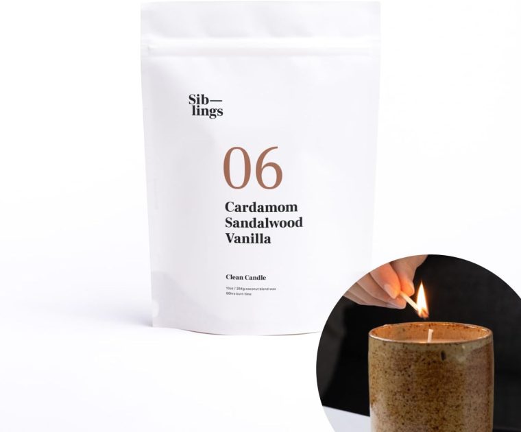 Siblings Essentials, Candle Refill Kit, DIY Candle Kit (No 06: Cardamom, Sandalwood, Vanilla) - Eco-Friendly Candle Refill, Clean Fragrance and Essential Oils, Coconut and Soy Wax