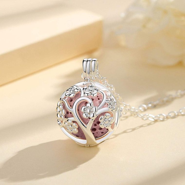 INFUSEU Sakura Tree Aromatherapy Necklace, Essential Oils Diffuser Locket Pendant with 7 PCS Lava Rock Stones and 24" Link Chain - Image 2
