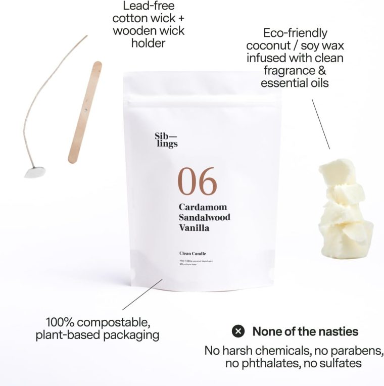 Siblings Essentials, Candle Refill Kit, DIY Candle Kit (No 06: Cardamom, Sandalwood, Vanilla) - Eco-Friendly Candle Refill, Clean Fragrance and Essential Oils, Coconut and Soy Wax - Image 2