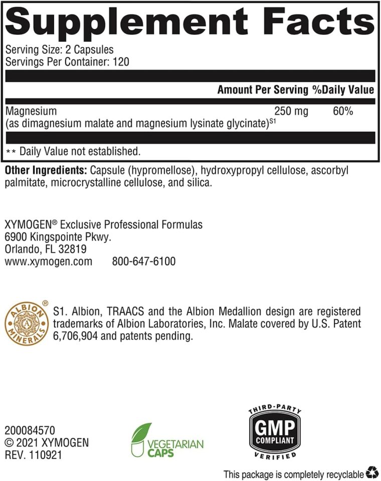 XYMOGEN OptiMag 125 - Magnesium Supplement with Di-Magnesium Malate & Glycinate Lysinate to Support Nerve, Muscle, Bone Health + Heart Health (240 Capsules) - Image 7