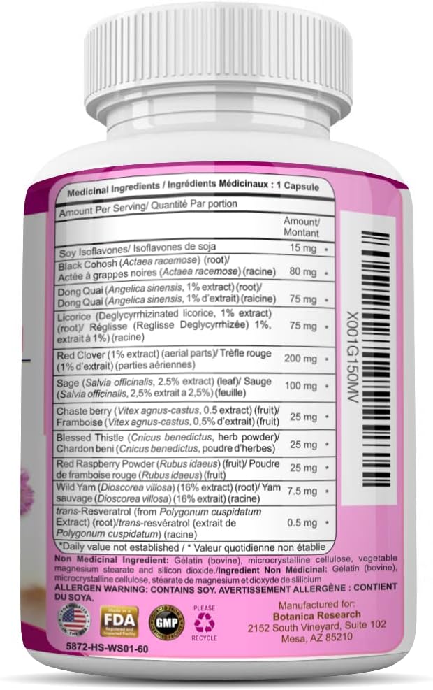 Menopause Relief Support For Hot Flashes Nights Sweats Hormonal Balance Support Supplement For Women Estrogen Wild Yam Black Cohosh Vitamins Lorice Root Herb Red Clover Extract Chasteberry Pills - Image 2