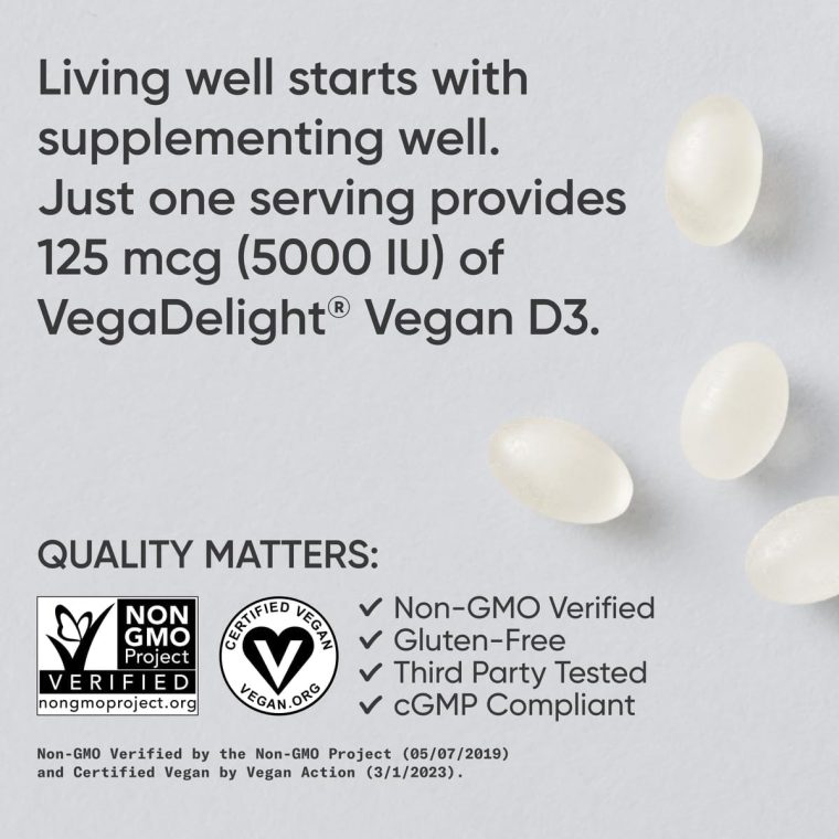 Sports Research Vegan Vitamin D3 5000IU (125 mcg) with Coconut Oil | 100% Plant-Based Vitamin D for Bone, Joint & Immune Support | Carrageenan Free, Vegan Certified & Non-GMO Verified (60 Softgels) - Image 4