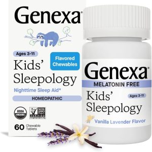 Genexa Kid’s Sleepology | Melatonin Free Childrens Sleep Aid | Natural Vanilla & Lavender Flavor | Certified Organic & Non-GMO | Homeopathic Remedy Made Clean | 60 Chewable Tablets for Ages 3-11​