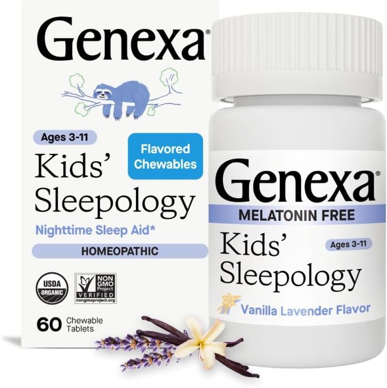 Genexa Kid’s Sleepology | Melatonin Free Childrens Sleep Aid | Natural Vanilla & Lavender Flavor | Certified Organic & Non-GMO | Homeopathic Remedy Made Clean | 60 Chewable Tablets for Ages 3-11​
