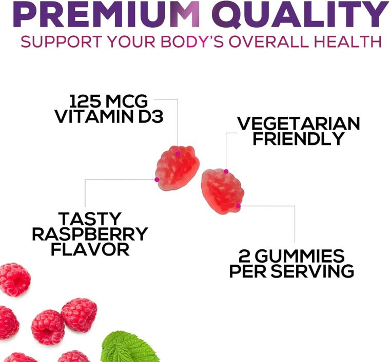 Vitamin D3 Gummies 5000 IU (125 mcg) - Extra Strength Immune Support, Bone, Teeth and Muscle Vitamin D Gummy Dietary Supplement, Nature's Berry D Vitamin Supplement, Raspberry, Non-GMO - 60 Gummies - Image 5