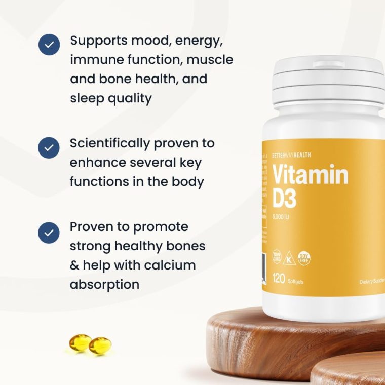 Better Way Health Vitamin D3 5000 IU – High Potency Softgel Vitamin D Supplement for Immune & Bone Health – Non-GMO, Dairy-Free, 120 Softgels - Image 4