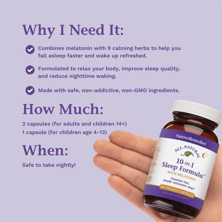 Native Remedies 10-in-1 Formula Natural Sleep Aid for Adults & Kids 4+ - Sleep Supplement with Melatonin 5mg, Magnesium, Valerian Root, Chamomile – Sleeping Aid Support, Non-GMO, Vegan - 60 Capsules - Image 6