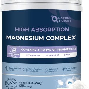 NATURE TARGET Magnesium Powder Supplement with Glycinate, Citrate, Malate, Magnesium Complex with L-Theanine & Vitamin B6 for Muscle, Heart & Brain, Vegan, 10.58 oz (100 Servings), Lemon Orange Flavor